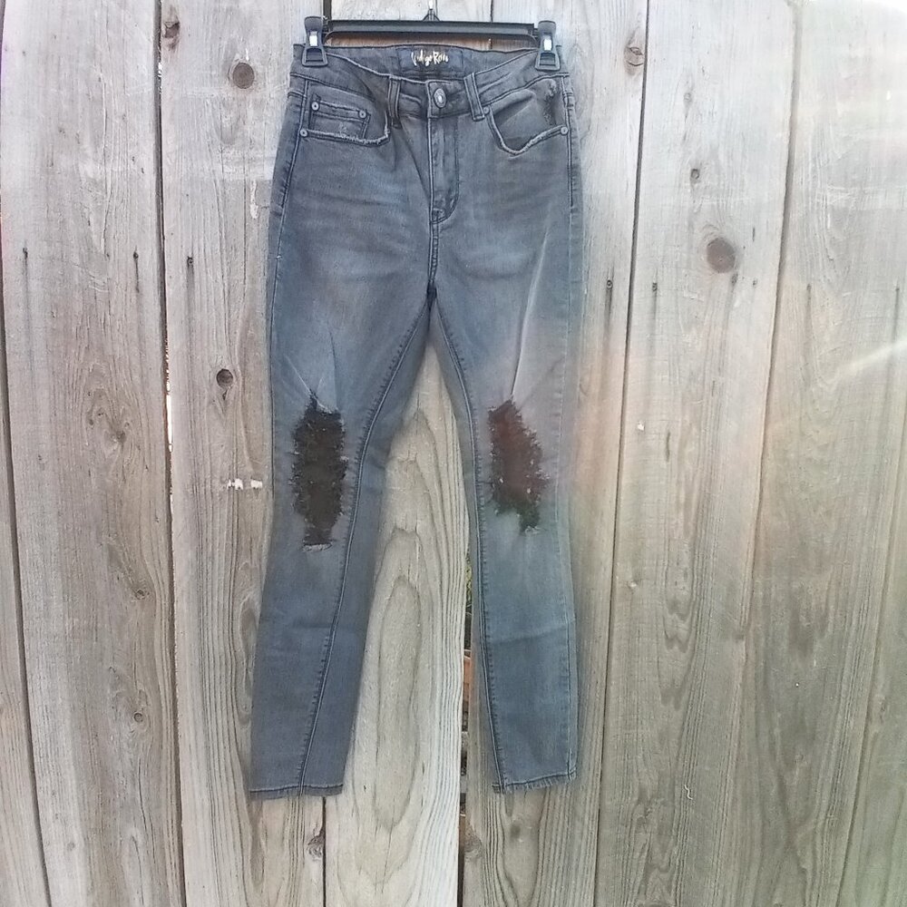 Indigo Rein Black Jeans Junior 5 Skinny Zip Button Distressed Mid Rise Waist